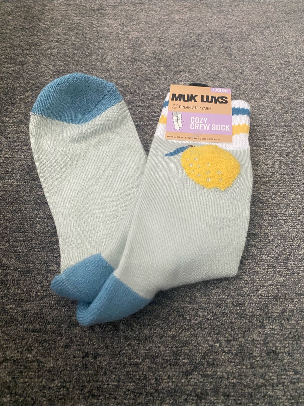 Muk Luks Cozy Crew Socks - Mint with Blue and Yellow Lemon